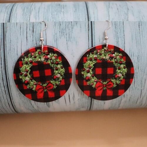 2021 New Christmas Series Circle Print Ring Leather Earrings Double-sided Red Plaid Earrings Gift Wholesale