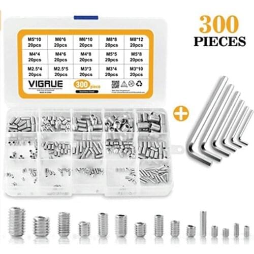 300Pcs Hexagon Socket Set Screw Flat Point Grub Screw Assortment Kit 304 Stainless Steel M2.5 M3 M4 M5 M6 M8 Headless Set Screw