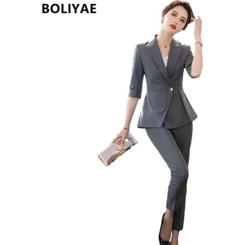 Boliyae Business Women Formal Pants Suits Summer Temperament Half Sleeve Blazer and Trousers Office Ladies Interviews Work Wear