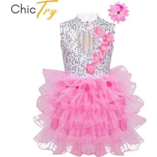 ChicTry Kids Teens Rhinestone Flower Sequins Ballet Tutu Dress Child Girls Modern Ballroom Stage Performance Jazz Dance Costumes