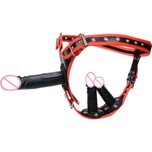 Women Sexy Three Dildo PU Leather Panty Double Dildo Strap on Vibrator Lesbian Vibrating Strap Ons Penis Harness for Men