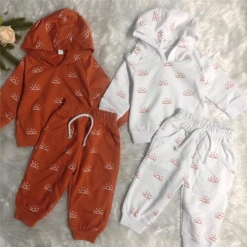 0-3Years Fashion Toddler Kids Boys Girls Clothes Sets Spring Autumn Newborn Sun Print Long Sleeve Hooded Sweatshirts Tops+Pants