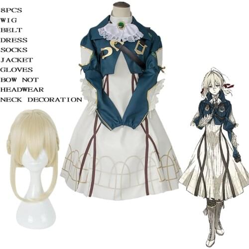 Anime Violet Evergarden Cosplay Costume Wig Belt Dress Socks Jacket Gloves Headwear Halloween Carnival Prom Princess Maid Dress
