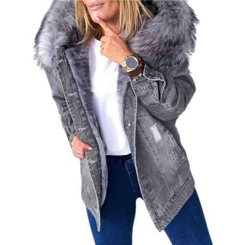Warm Jean Jacket Big Faux Fur Collar Denim Jacket Women Winter Hooded Student Basic Short Parkas Female Bomber Coat