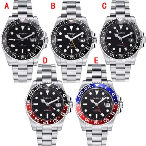 40mm Parnis Mechanical Watches Black Red Bezel GMT Diver Watch Full Stainless Steel Sapphire Automatic movement mens Watch