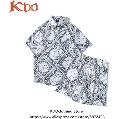 White Paisley pattern printed suit new arrival short-sleeved Hawaiian shirt men set floral shirt suit street summer beach style