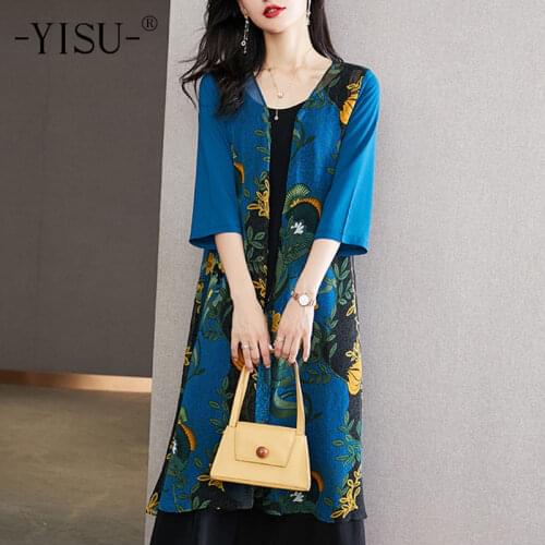 YISU 2021 New Women Cardigan Long Printing Shawl Middle sleeve Summer Tops Thin Knitted Coats Fashion Womens clothing