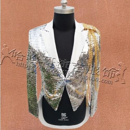 Stage singers clothes men tuxedo suit designs masculino homme terno jacket men sequins blazer dance star style dress punk silver