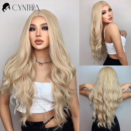 Long Platinum Blonde Wave Ombre Daily Synthetic Wig For Black White Women Cosplay Natural Fiber Heat Resistant Hair Wavy Wigs