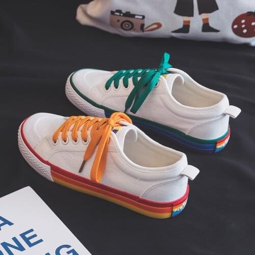 Canvas Shoes Women Vulcanize Shoes New Style rainbow Sneakers Ladies Flats Casual Breathable Walking travel Little white shoes
