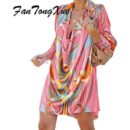 Casual Dresses for Women 2021 Geo Leopard Print Fashion Dress Women Loose Long Sleeve Turn Down Collar Fall Mini Dresses Ladies