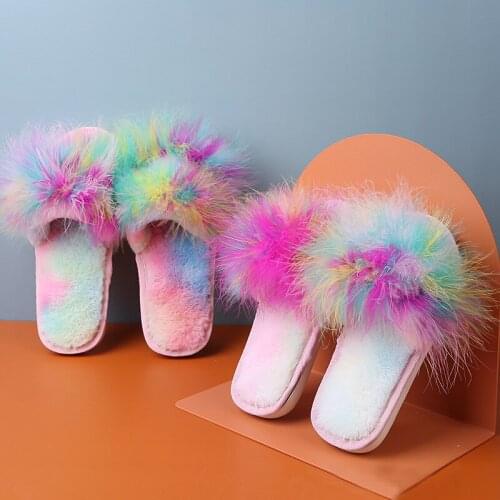 Colorful Children Slippers Fashion Candy-colored Feather Parent-child Cotton Slippers Can Be Worn Outside Girls Kids Slides