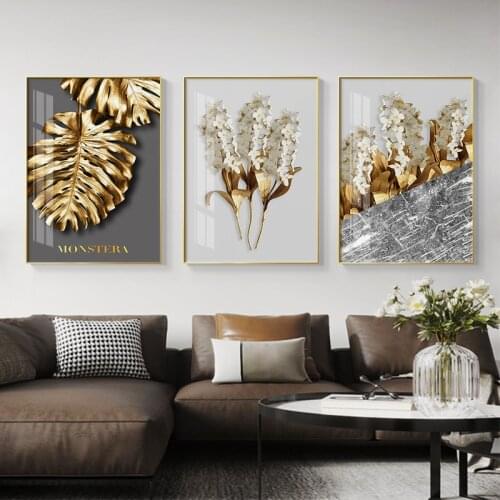 Nordic Golden Abstract Leaf Flower Wall Art Canvas Painting Black White Floral Poster Print Wall Picture for Living Room Decor