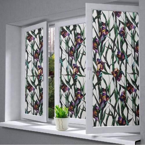 200cm Length Static Cling Window Film Purple Flower Private Decorative Glass Sticker For Bathroom Bedroom Kitchen Living Room