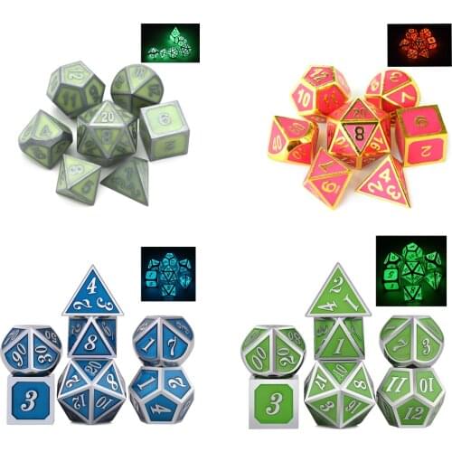 Glow in The Dark Solid Metal Polyhedral DnD Dice Set of 7 with Velvet Bag for RPG MTG Board Games