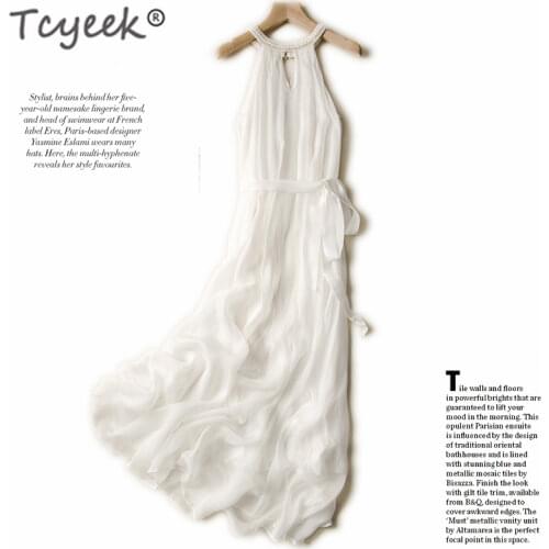 Tcyeek 100% Real Silk White Dress Women Sleeveless Long Dresses Summer Beach Party Elegant Ladies Maxi Dresses Vestidos Verano