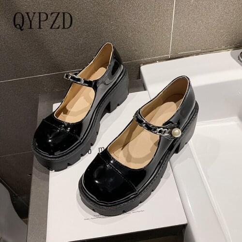 Lolita Shoes Patchwork Mary Janes Shoes Woman Pearls Metal Platform Leather Shoes Thick Sole Round Toe Pumps Oxford Shoe