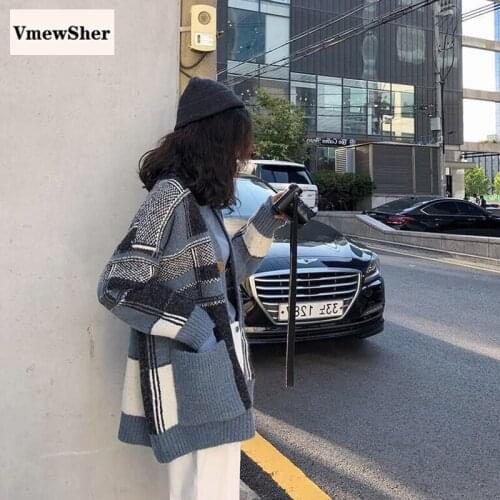VmewSher Long Sleeves Women Knitted Tops Plaid Cardigans 2020 Autumn Winter Color Block New Casual Loose Vintage Pockets Sweater