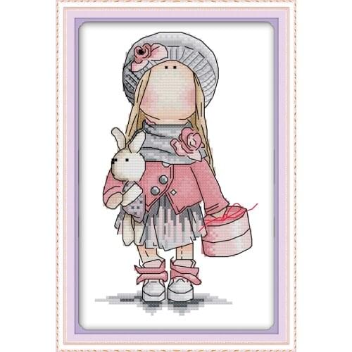 Little girl holding a rabbit cross stitch kit aida 14ct 11ct count print canvas stitches embroidery DIY handmade needlework