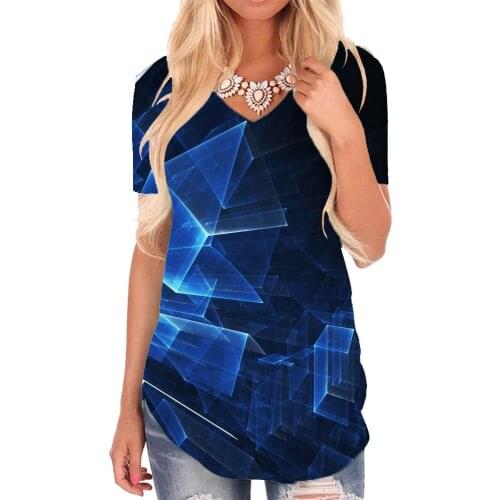 Giyu Brand Cube T-shirt women Geometry Funny T shirts Dark Blue V-neck Tshirt Harajuku Tshirts Printed Womens Clothing Fashion