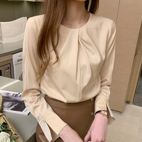 Champagne Chiffon Blouse Women Long Sleeve Round Neck Clothes For Women Fashion Elegant Tops Shirt Solid Elegant Office Blouses