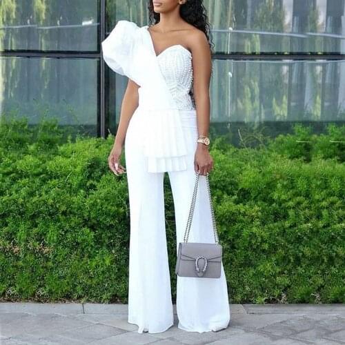 Women white jumpsuits party club dinner one piece rompers sexy one shoulder wide legs pants playsuits 2021 new african fashion