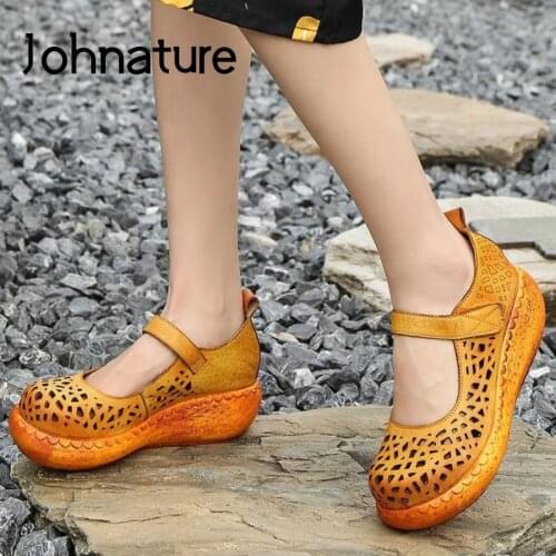 Johnature Platform Sandals Women Shoes Genuine Leather 2020 New Spring Summer Retro Hook & Loop Hollow Handmade Ladies Sandals