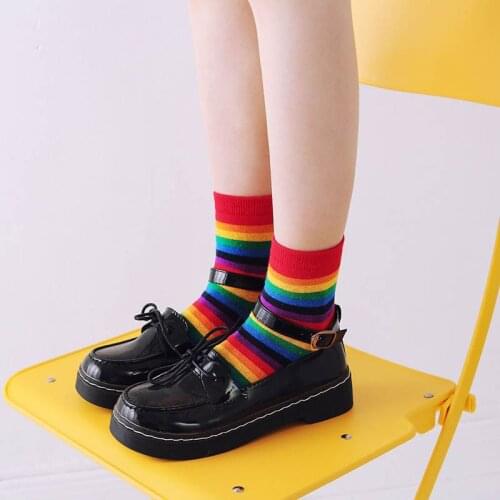 Rainbow Striped Breathable Socks for Women 1Pair Mid Tube Socks Korean Style Harajuku Sock Cute Cotton Girl Pink/Retro Red