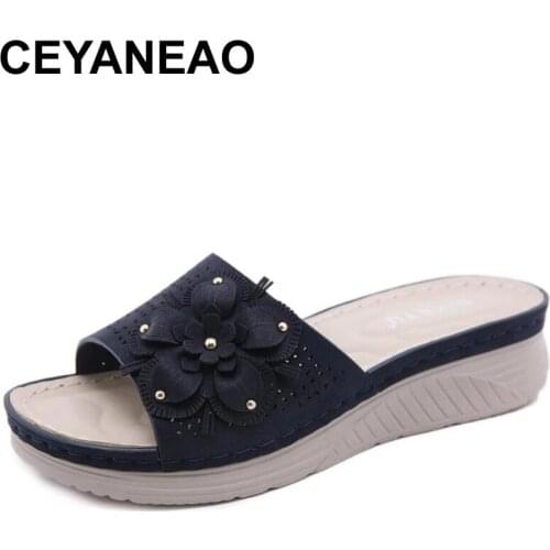 CEYANEAO 2021 Women Summer Sandals Fashion Flowers Solid Cover Heel Flat Platform Heel Casual Ladies Plus Size Wedges slippers