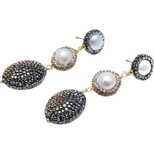 GG Jewelry Natural White Pearl Black Golden CZ Pave Oval Nugget Dangle Gold Plated Stud Earrings Handmade For Women