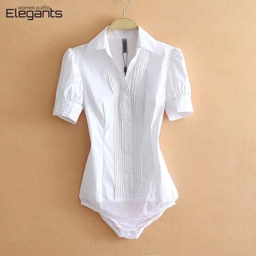 2021 Summer Short Sleeve White Shirts for Women Office Lady Business Work Wear Overalls Elegant Bodysuits Rompers Blouses Tops
