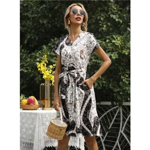 Summer Dress Femme Robes Womens Clothing 2021 Printed Dress For Woman Slim Retro Lace-up Loose Mini Dresses Female Vestdios