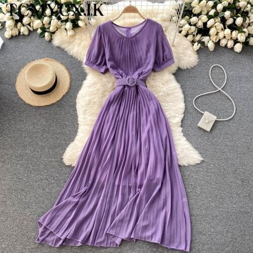 Slim Holiday Short Sleeve Folds Purple Maxi Dress For Women 2021 Black Elegant Casual Dress Vintage Korean Fashion Beach Dresses
