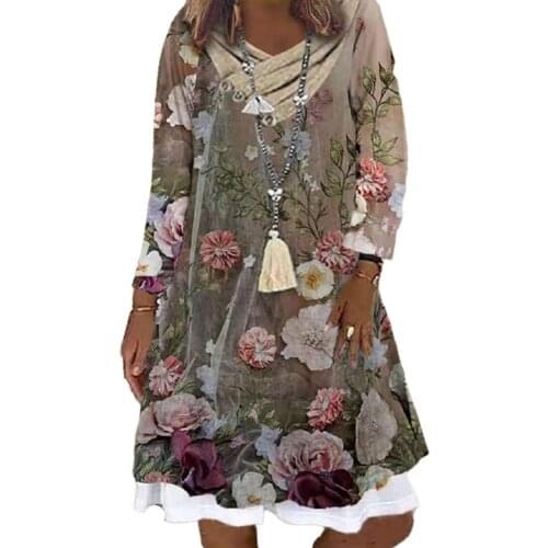 Women Mini Dress 2021 Floral Print Loose Dress Fake Two Piece Elegant Pile Collar V Neck A-Line Dress for Dating