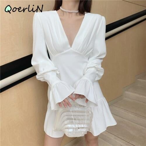Woman Evening Dress New French Deep V Neck Ruffles Dress Above Knee Length Zipper Elegant Party White Dress Female Plus Size