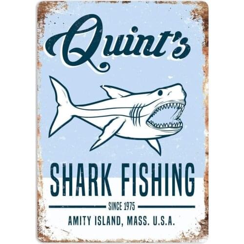 Tin Sign Quints Shark Fishing Poster Metal Plaque Beach Farmhouse Bar Tavern Wall Decoration Vintage Metal Plate 12*8 Inch