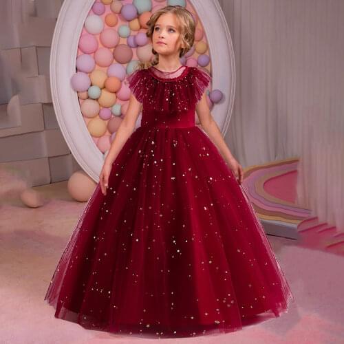 2021 Pageant Star Applique Girl Dress Wedding Kids Bridesmaid Dresses For Girl Children Costume Lace Long Princess Retro Clothes