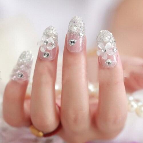3D Bride Wedding False Artificial Fake Nails Tips French White Stud Finger