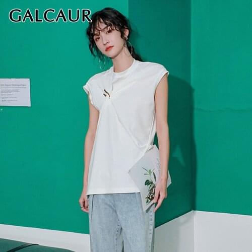 GALCAUR Patchwork Metal Buckle T Shirt For Female O Neck Short Sleeve Ruched Loose Womens Casual T Shirt Fashion Tide 2021