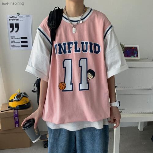 Summer Casual Short-sleeved T-shirt Men Hip Hop Retro Fake Two-piece Jacket Splicing Printing Sports Style Couple Women T-shirt