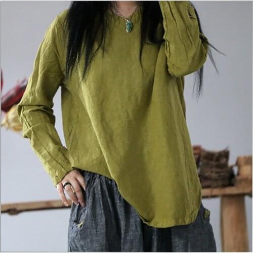 Women Loose Linen Solid Color T-shirt Tops Tees Ladies Vintage Flax Shirt 2019 Autumn Spring Simple Shirt Tees Shirts Female