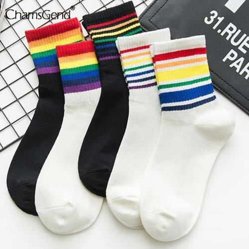 Cotton Rainbow Socks Women Japan Harajuku Korean Version Cute Sock Stripes Socks Christmas Fashion Casual Socks Dropshipping