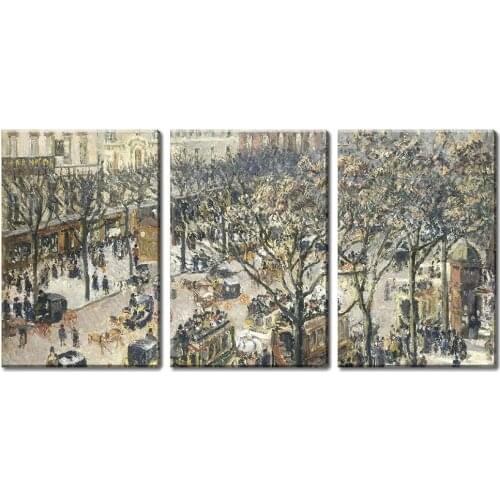 Camille Pissarro 3 Panel World Famous Painting Reproduction on Canvas Wall Art - Boulevard des Italiens, Morning, Drop shipping