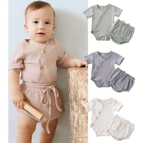 2PCS Newborn Baby Girl Boy Striped Romper Tops Shorts Pants Outfits Set Clothes