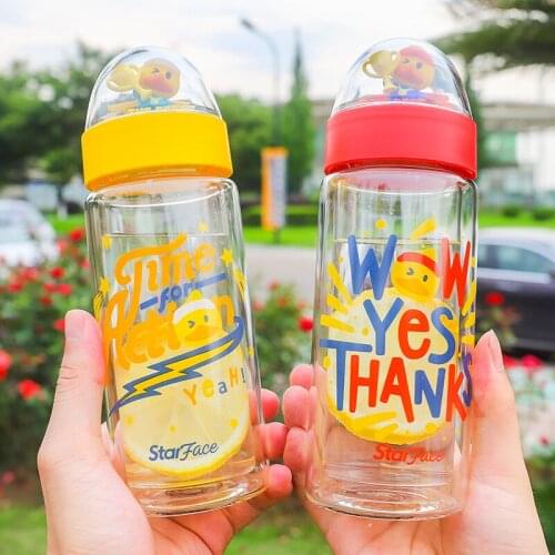 Creative Water Bottle Cute Cartoon Animal Cup Cover Ins Wind Double Layer Non-Hot Transparent Glass Cup Student Couple Gift