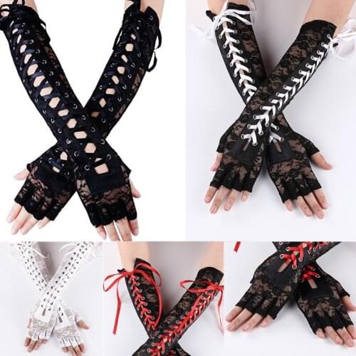 Sexy Lace Long Gloves Winter Elbow Length Half-finger Gloves Ribbon Fingerless Fishnet Mesh Etiquette Party Gloves