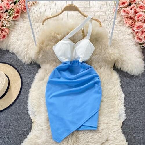 Fashion Sexy Dress Female Summer Bodycon Mini Dresses Colorblock High Waist Tight Dresses Woman Party Off Shoulde Halter Dress