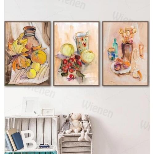 Still Life Apple Cherry Cup Leaf Oil Painting Posters and Prints Wall Art Canvas Painting Fruit Wall Picture Home Decor Art Room