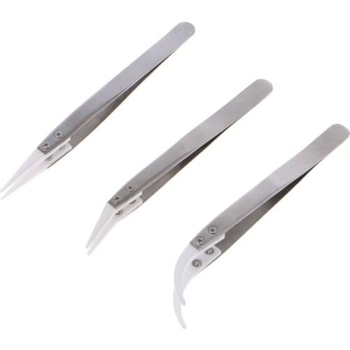 3pcs Non Conductive Anti-Static Ceramic Tweezers IC SMD SMT Tweezers Curved Straight Tweezers Heat Resistant 1000 Degree
