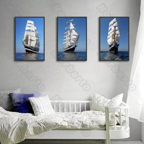 Modern Sealand Style Canvas Painting Wall Poster Blue Sky and White Vessels for Living Room Bedroom Sofa Background Decoration